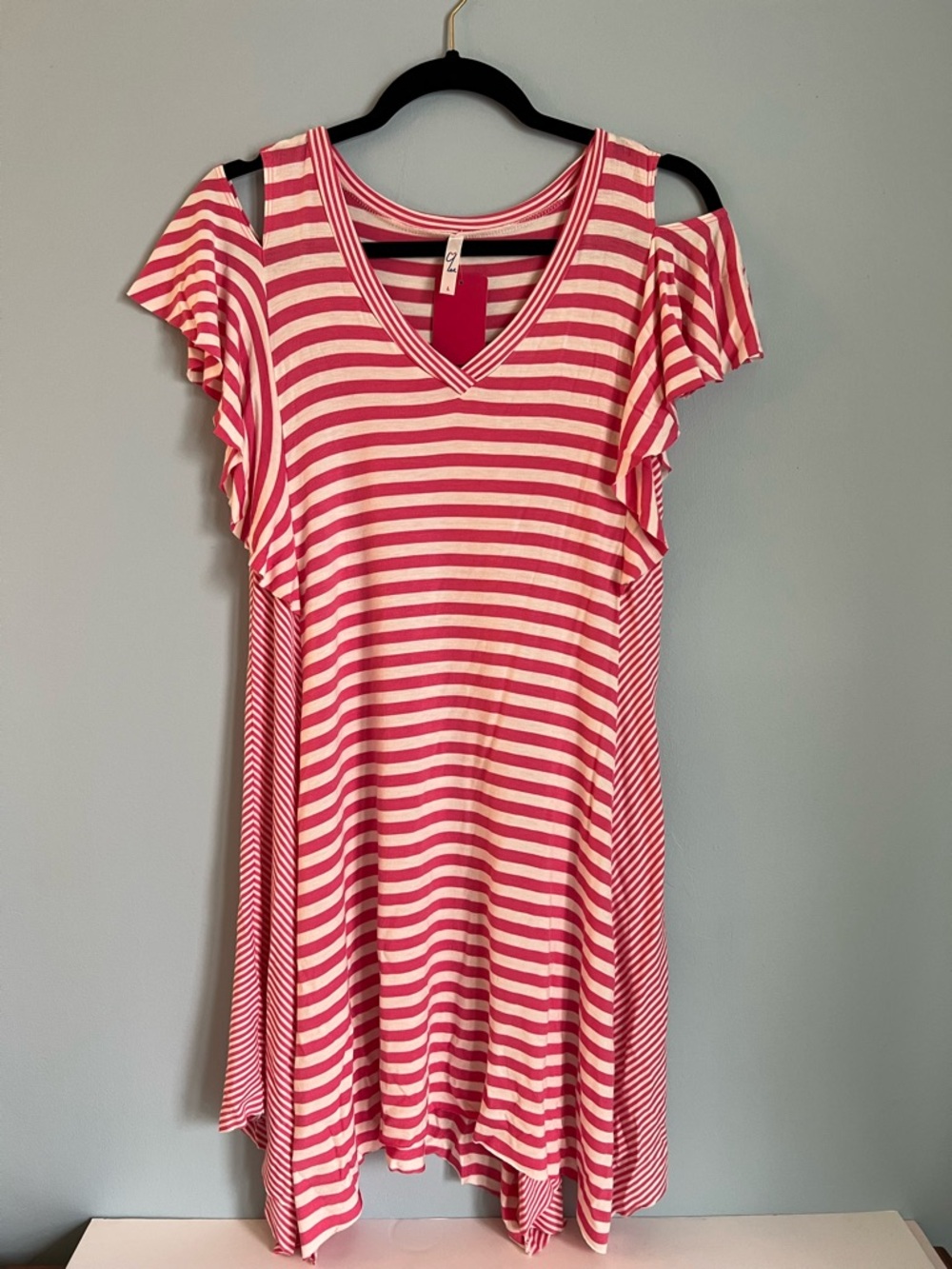 Striped Pink and White Asymmetrical Cold-Shoulder Dress
